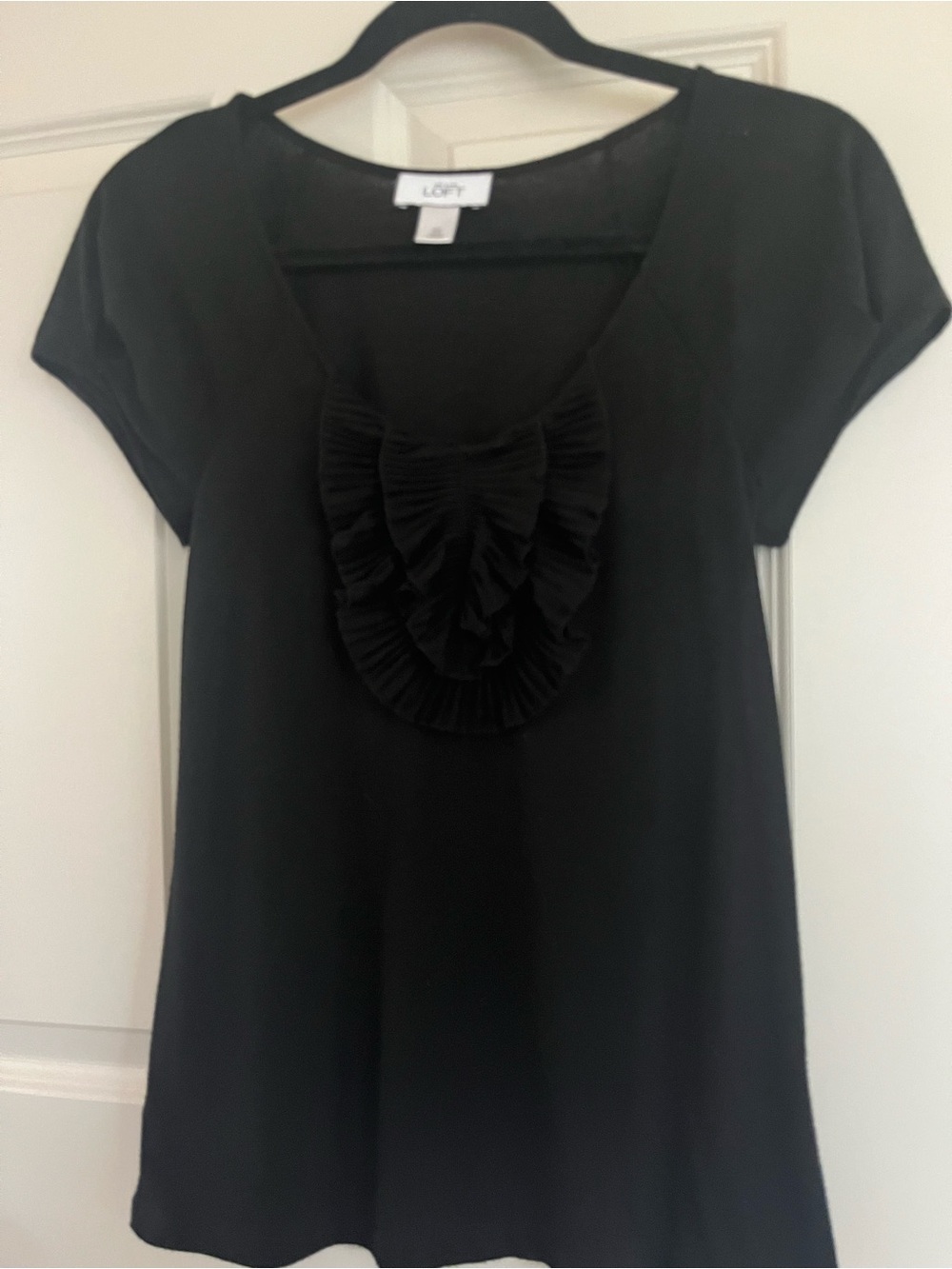 LOFT Black Ruffle-Front Short Sleeve Blouse